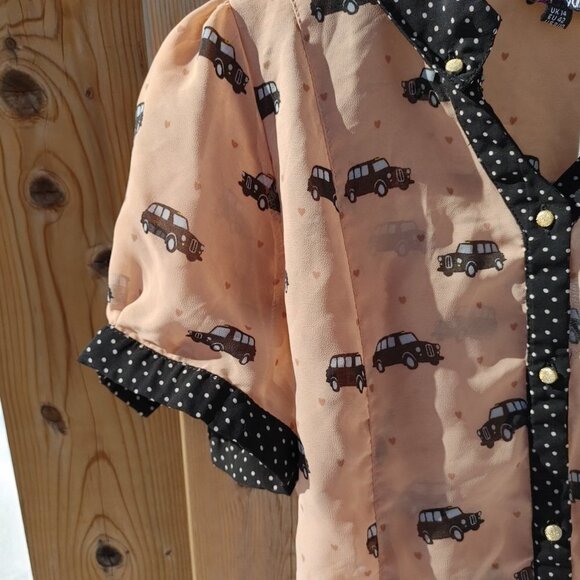 FUN MODCLOTH YUMI Vintage Police Car Hearts Blouse Polka Dot Size 8/10 - Picture 2 of 7